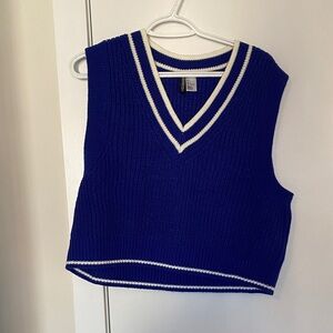H&M Royal Blue Knit V-Neck Sweater Vest with White Trim